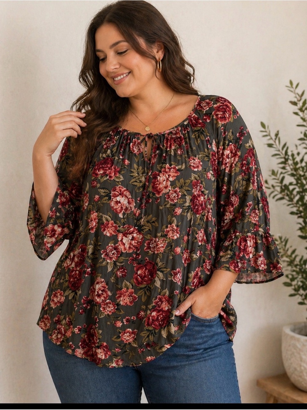 Fred David Floral Blouse 1X Boho Peasant Top Red Roses Flowy Plus Size